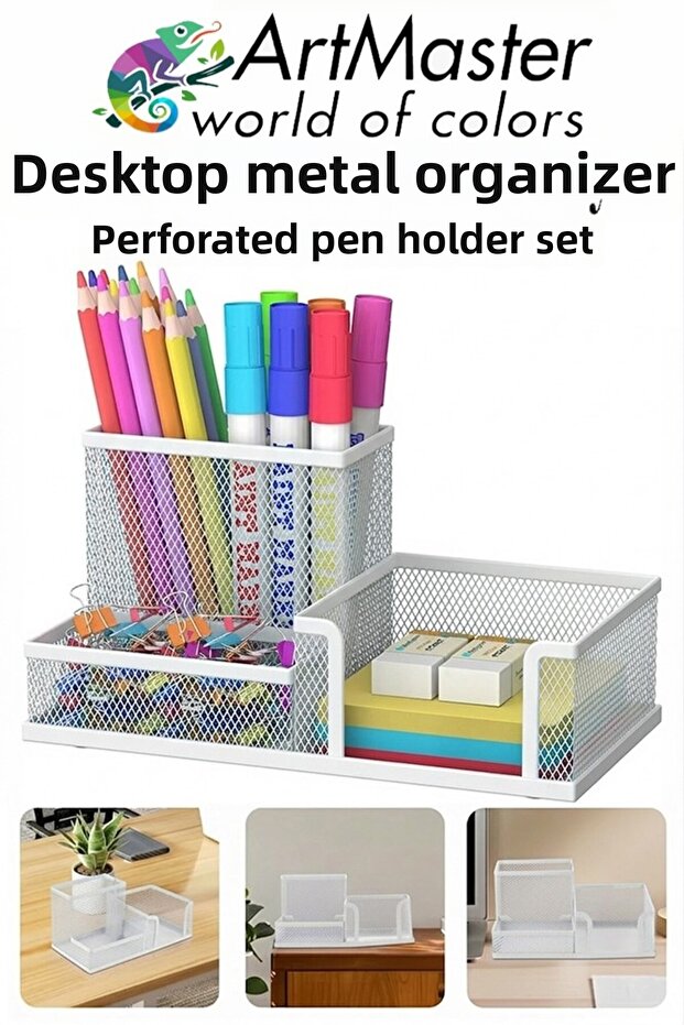 White Desktop Metal Pen Holder Set 3-Piece Combo 1 Pack Mesh Perforated Colorful Pen Holder Paper Holder Cube