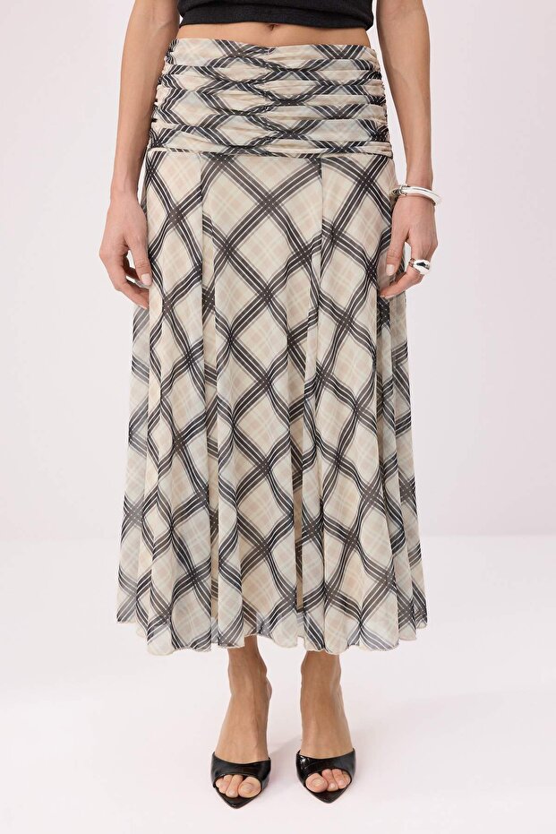 Ekru Maxi Büzgü/Drape Detaylı Boho/Boho Chic Basklılı Tül Esnek Örme Etek TWOAW26ET00122 - 3