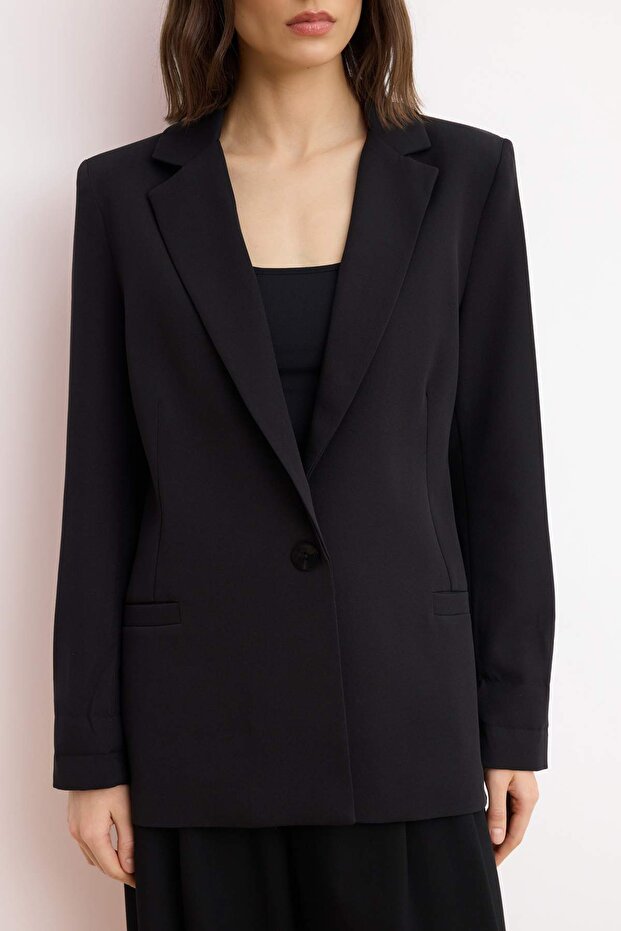 Siyah Regular Astar Detaylı Dokuma Blazer Ceket TWOAW20CE0316 - 3