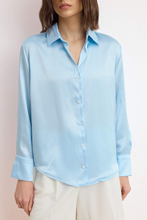 Mavi Oversize/Geniş Kalıp Saten Dokuma Gömlek TWOAW24GO00211 - 3