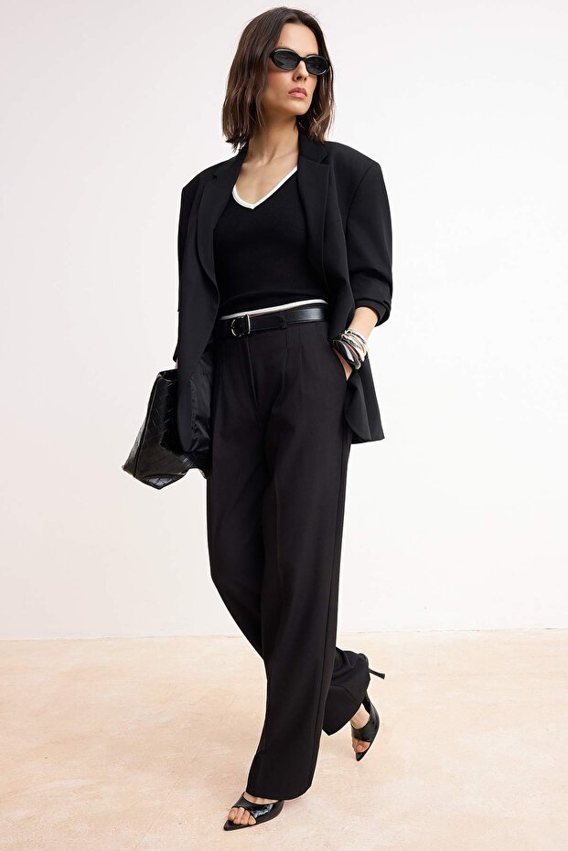 Siyah*001 Straight/Düz Kesim Pilili Dokuma Kumaş Pantolon TWOAW23PL00401 - 2
