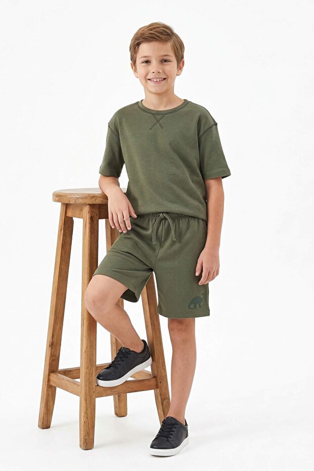 Haki Erkek Çocuk %100 Pamuk Basic Kısa Kol Örme T-Shirt Şort Alt-Üst Takım TKDSS25AU00029 - 2