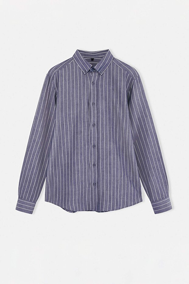 Lacivert Normal Kalıp/Regular Fit Çizgili Keten Dokuma Erkek Gömlek TMNSS26GO00017 - 4