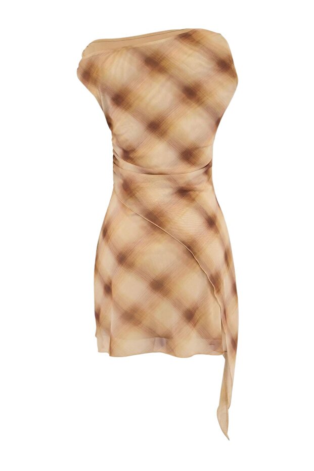 Limited Edition Çok Renkli Ekose Bodycon Asimetrik Yaka Kolsuz Tül Örme Elbise TWOSS26EL00406 - 7