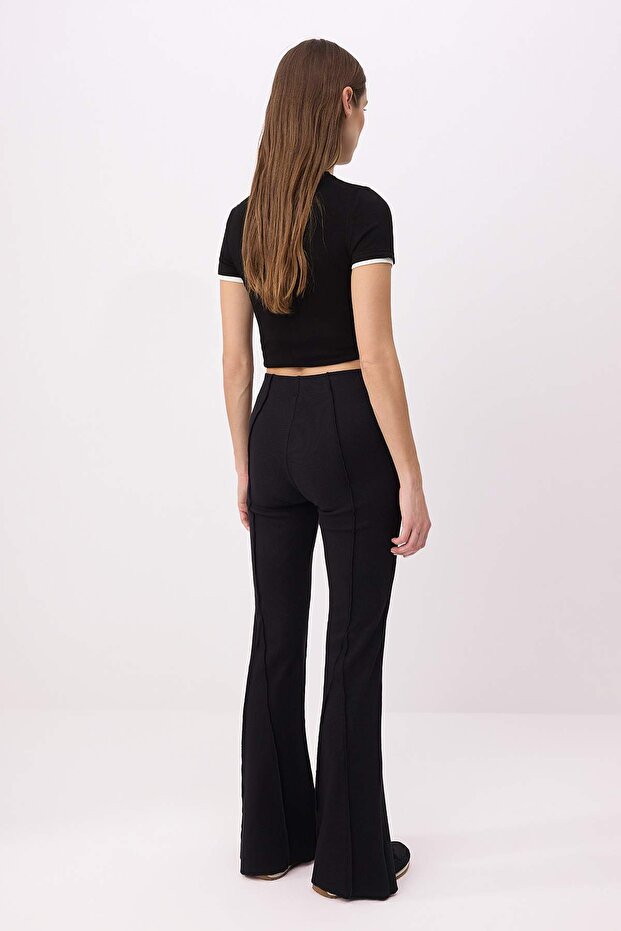 Siyah Flare/İspanyol Paça Yüksek Bel Fitilli Esnek Örme Pantolon TWOSS26PL00115 - 4