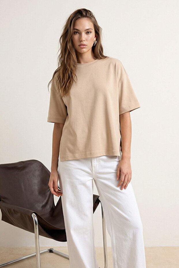 Taş Oversize/Geniş Kalıp Düşük Kol Kısa Kollu Uzun Soft Touch Örme T-Shirt TWOSS26TS00002 - 2