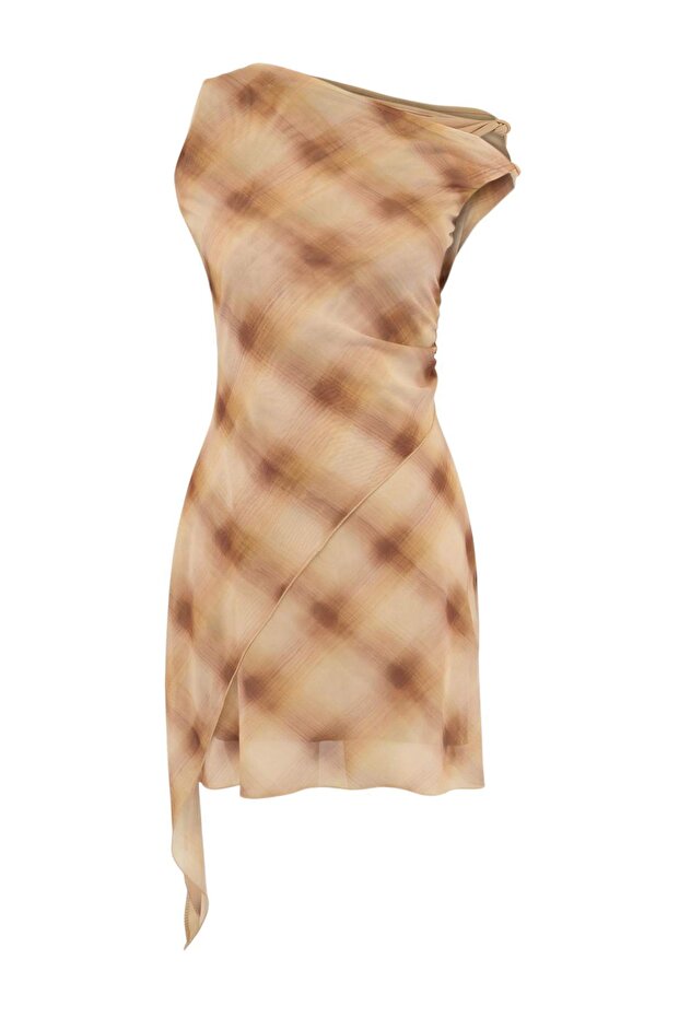 Limited Edition Çok Renkli Ekose Bodycon Asimetrik Yaka Kolsuz Tül Örme Elbise TWOSS26EL00406 - 6