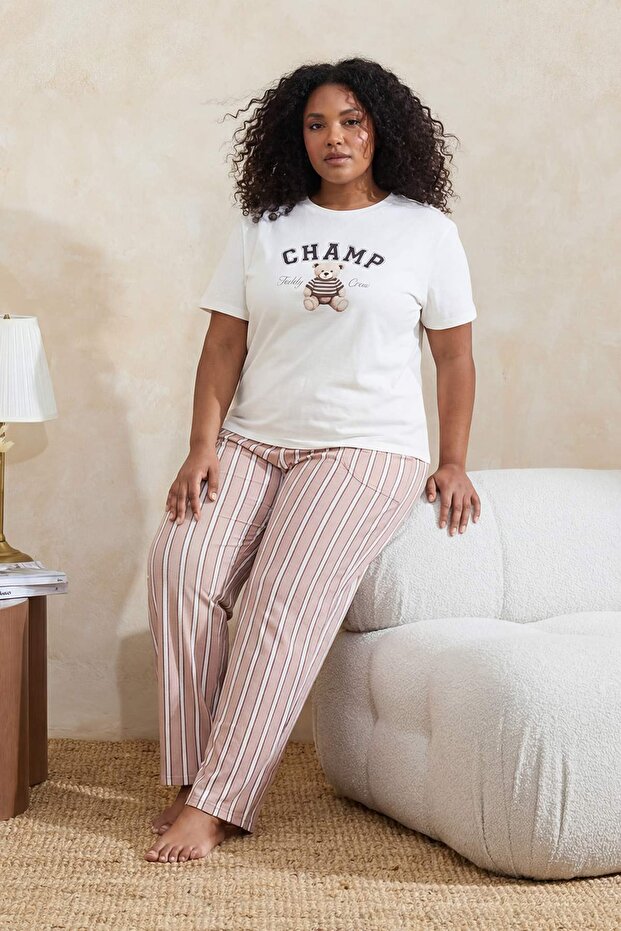 Kahverengi Ayıcık Nakışlı Çizgili Örme Büyük Beden Pijama Takımı TBBSS26AI00003 - 1