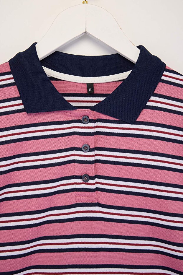 Pembe Polo Yaka Çizgili Crop Örme Büyük Beden Bluz TBBSS26AF00120 - 6