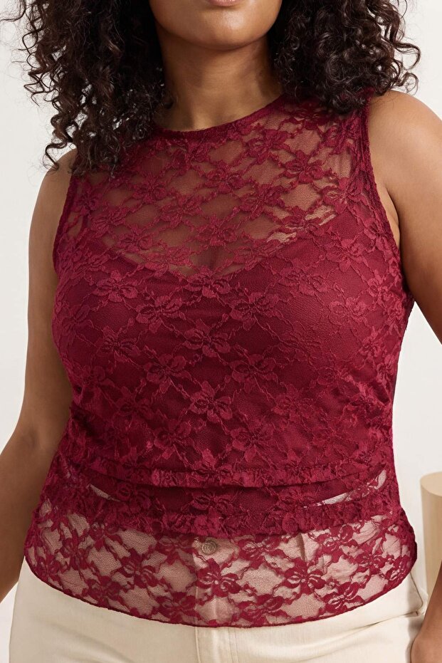 Bordo Fitted Kolsuz Dantel Örme Büyük Beden Bluz TBBSS26AF00115 - 3
