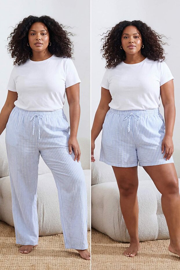Mavi Çizgili Şort-Pantolon Paket Dokuma Büyük Beden Pijama Altı TBBSS26IA00009 - 3