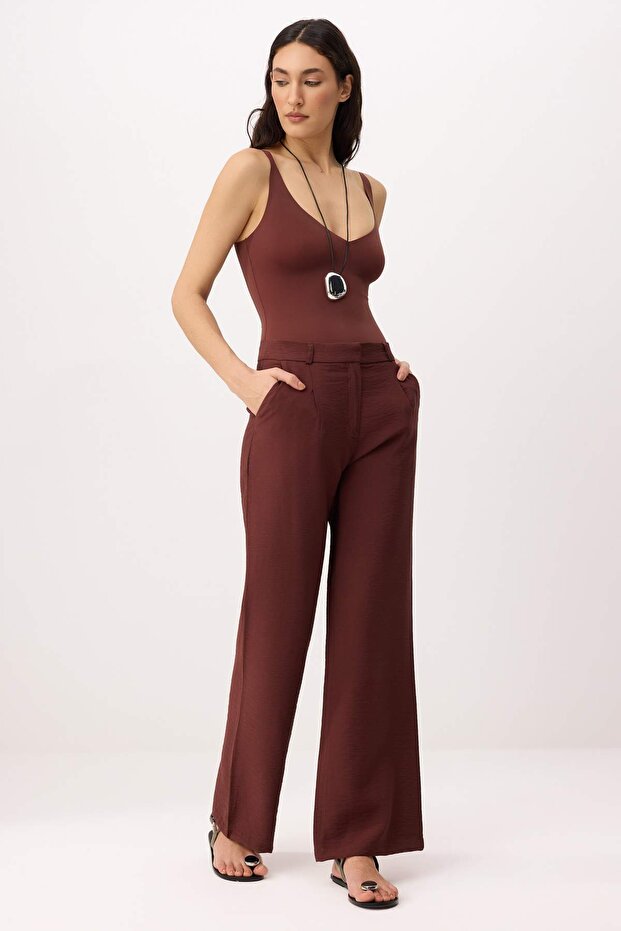 Bordo Yumuşak Tuşeli Kemerli Wide Leg/Geniş Paça Pantolon TWOSS26PL00069 - 2