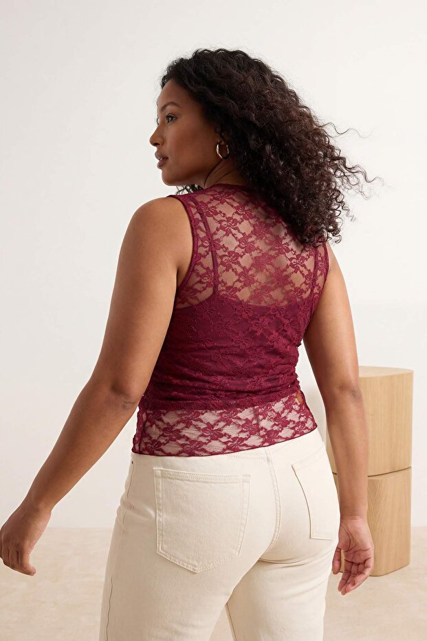 Bordo Fitted Kolsuz Dantel Örme Büyük Beden Bluz TBBSS26AF00115 - 2
