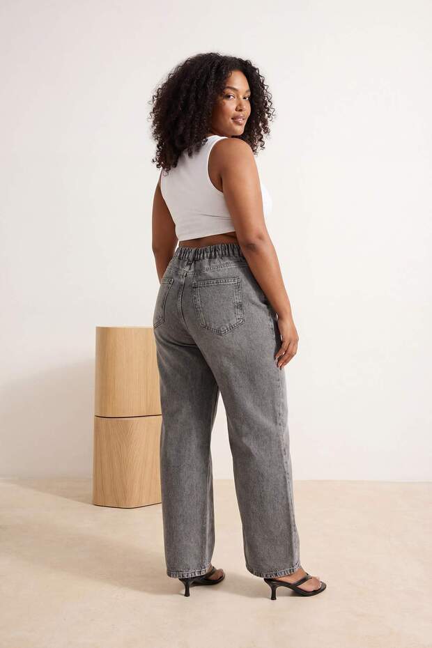 Gri More Sustainable Lastikli Bel %100 Pamuk Non-Stretch Geniş Paça/Wide Leg Jeans TBBSS26CJ00031 - 3