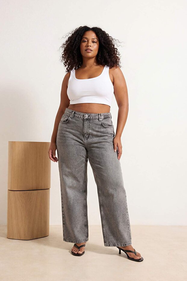 Gri More Sustainable Lastikli Bel %100 Pamuk Non-Stretch Geniş Paça/Wide Leg Jeans TBBSS26CJ00031 - 2