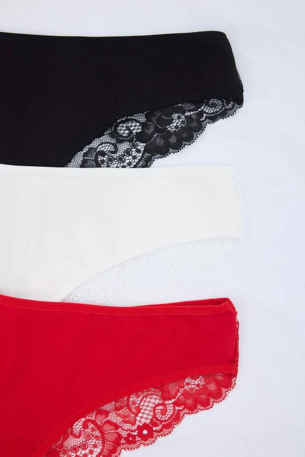 Siyah-Kırmızı-Ten 3'lü Paket Pamuklu Dantel Detaylı Tanga Örme Külot TBBSS26CM00026 - 6