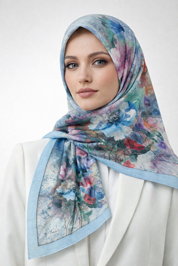 وشاح قطن منقوش بالزهور من إنبا مقاس 90x90 سم