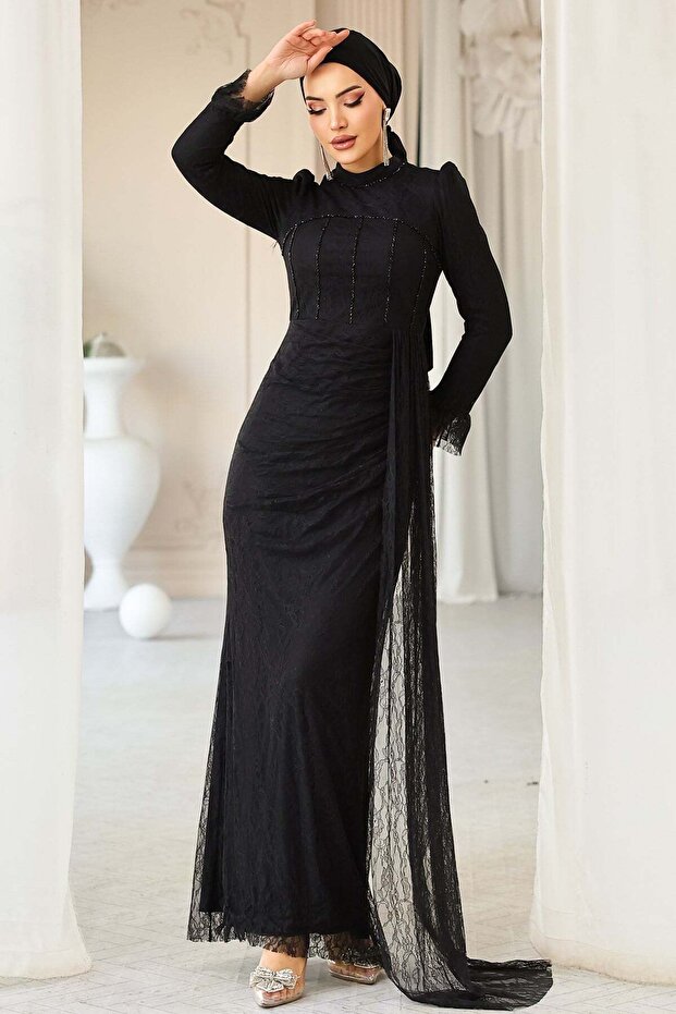 Beli Cape Detailed Stone Decorated Lace Hijab Evening Dress Black 1252