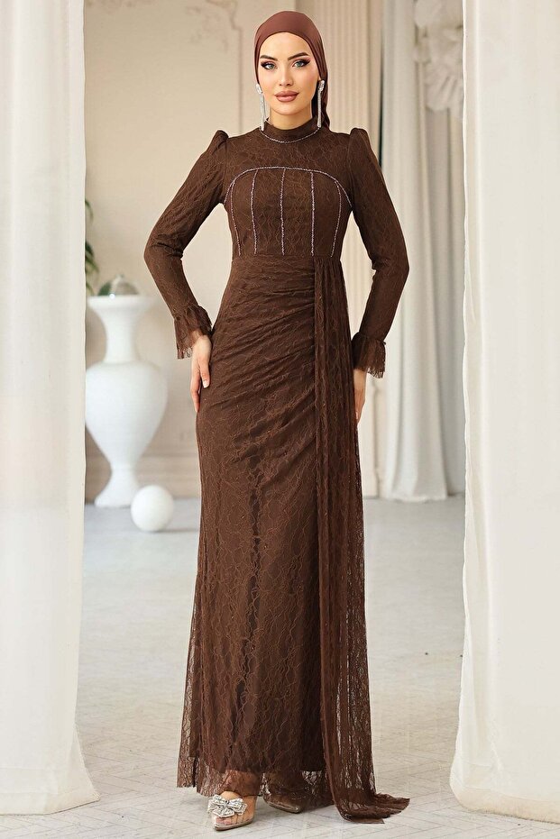Beli Cape Detailed Stone Decorated Lace Hijab Evening Dress Brown 1252