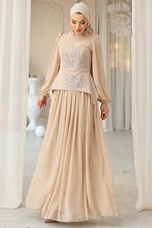 Front Stone Detailed Patterned Crepe and Chiffon Combination Hijab Evening Dress Bej 1689