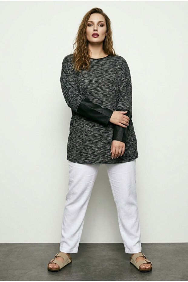 Plus Size Crew Neck Long Sleeve Leather Detailed Stretch Fabric Cotton Pack T-Shirt 303939