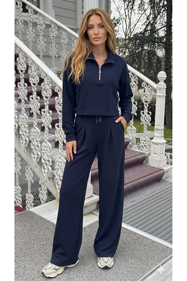 Women's Half Zippered Pleated Detail Modal Track Suit