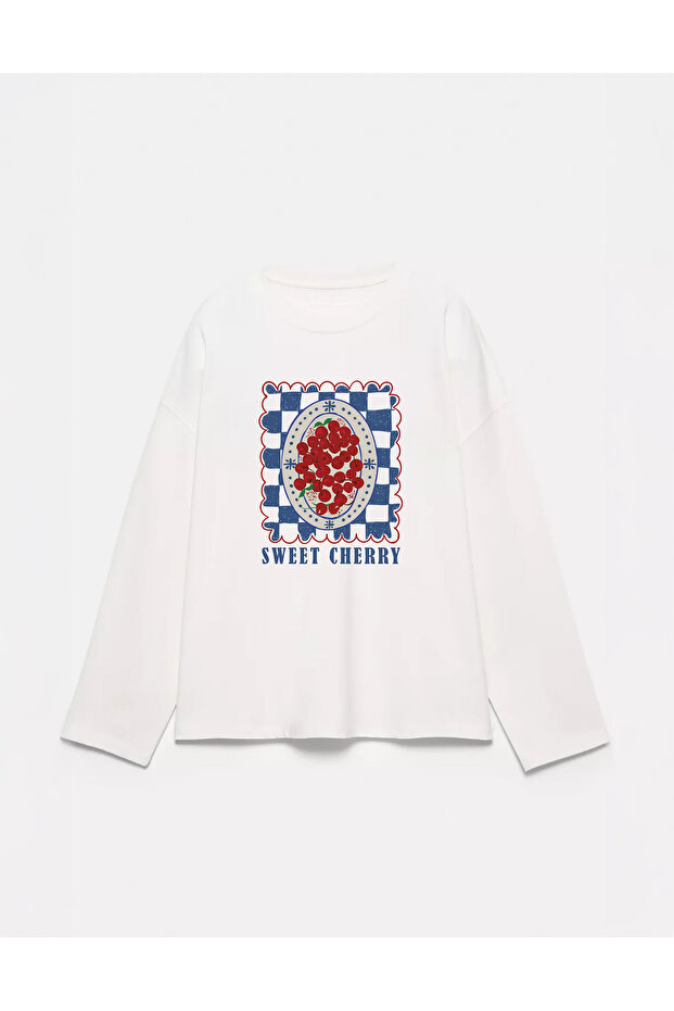 100% Cotton Oversize Fit Sweet Cherry Printed - Crew Neck Long Sleeve T-Shirt