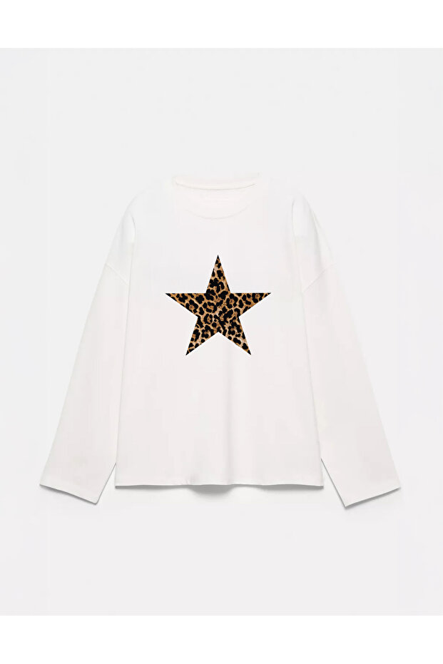100% Cotton Oversize Fit Leopard Star Printed - Crew Neck Long Sleeve T-Shirt