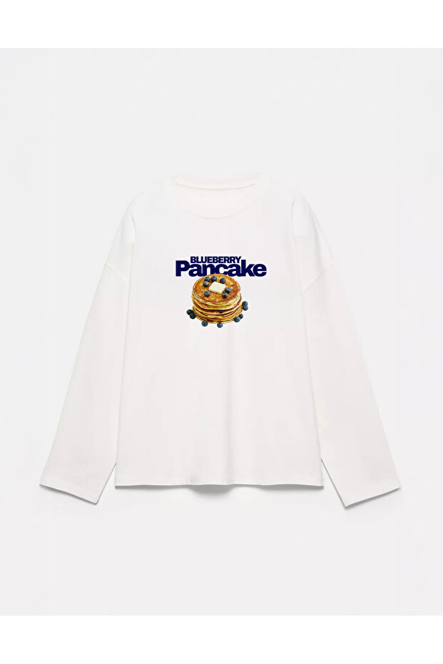 100% Cotton Oversize Fit Pancake Printed - Crew Neck Long Sleeve T-Shirt