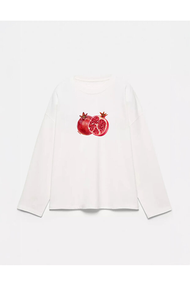 100% Cotton Oversize Fit Pomegranate Printed - Crew Neck Long Sleeve T-Shirt