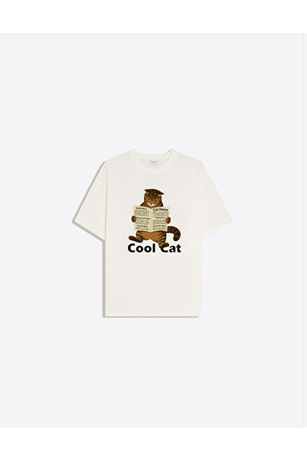 Cool Cat Printed Crew Neck Oversize Trendy Women's T-Shirt