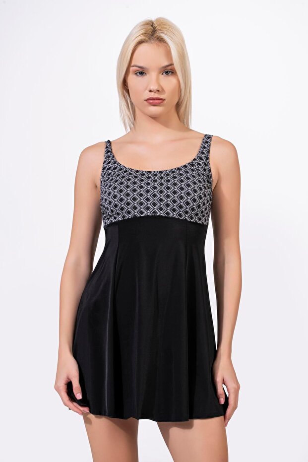 Women's Square Patterned Dress Skirted Swimsuit