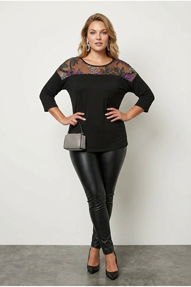 Plus Size Long Sleeve Collar Detailed Fakir Sleeve Lycra Tulle Blouse 302657