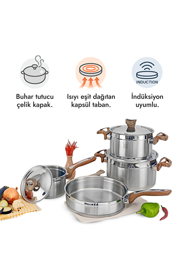Definition 7 Parça Çelik Tencere Seti - 18/10 Paslanmaz Çelik, Kapsül Taban - 4