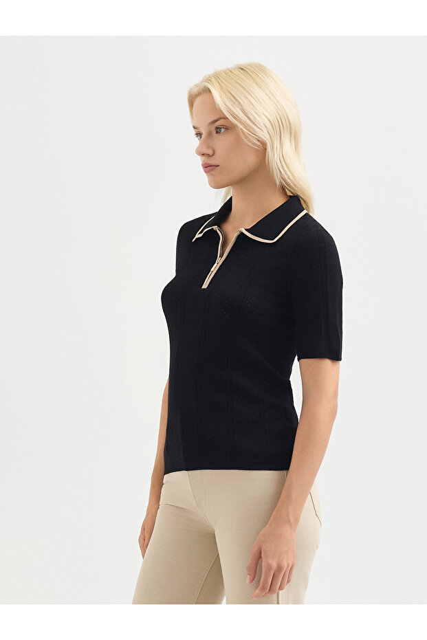 Siyah Polo Yaka Kısa Kollu Triko Kazak - 3