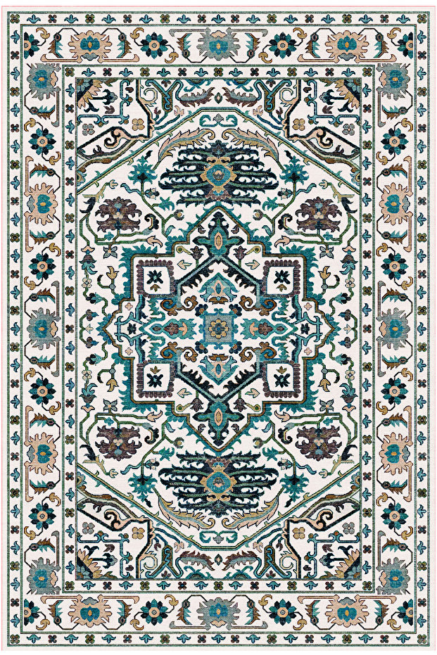 Cream Turquoise Vintage Patterned Non-Slip Base Living Room Carpet 2230