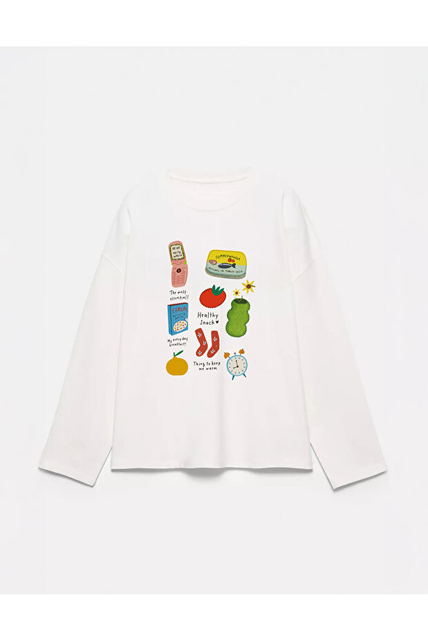 100% Cotton Oversize Fit the Most Essential Printed - Crew Neck Long Sleeve T-Shirt