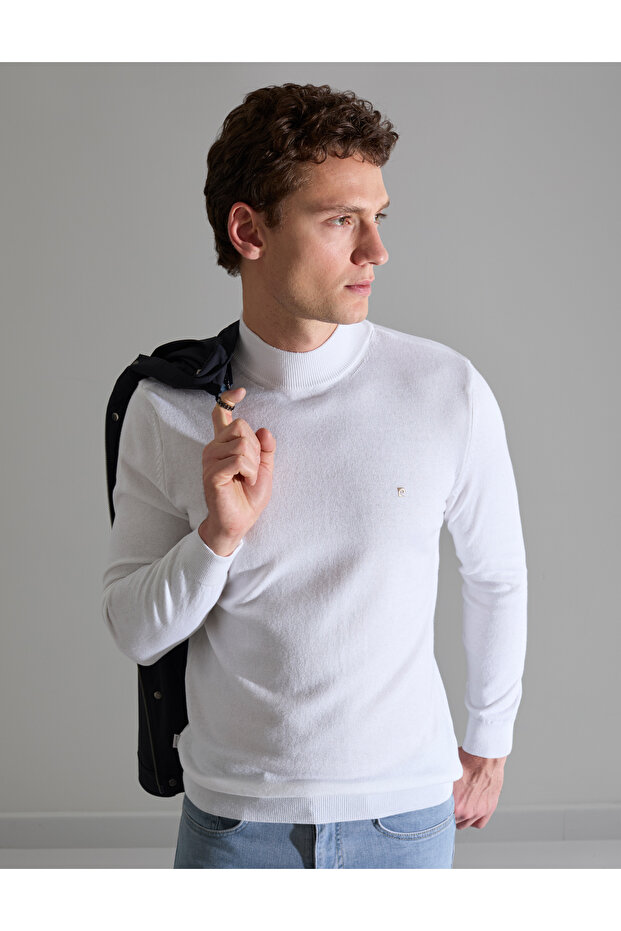 Ecru Slim Fit Half Turtleneck Basic Knitwear Sweater 50314176-Vr019