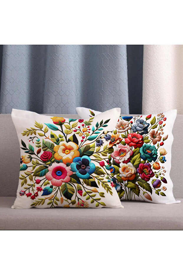 2-Piece Combination Embroidery Look Colorful Flower Digital Printed Throw Pillow Case