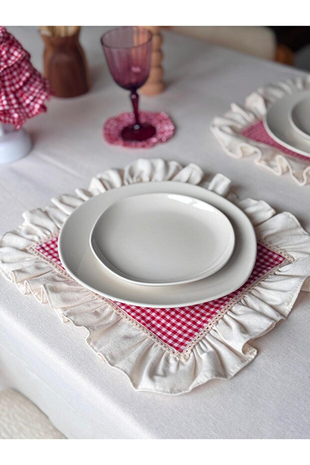 Mia 6-Piece Raw Linen Checkered Ruffle Detailed American Tablecloth/Placemat