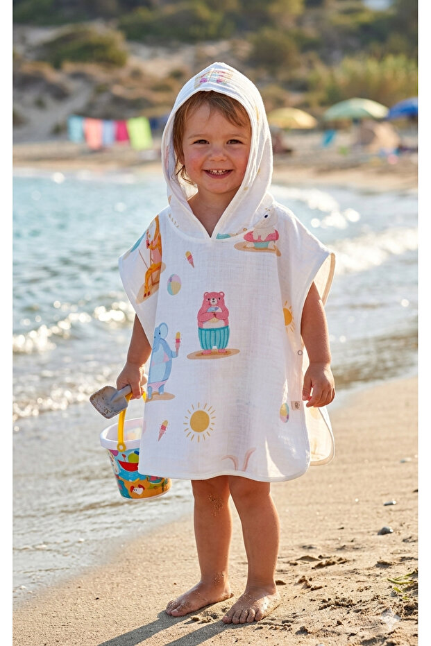 Summer 100% Cotton Double-Layer Organic Baby Muslin Poncho / Towel / Bathrobe / Beachwear (2-5 Years)