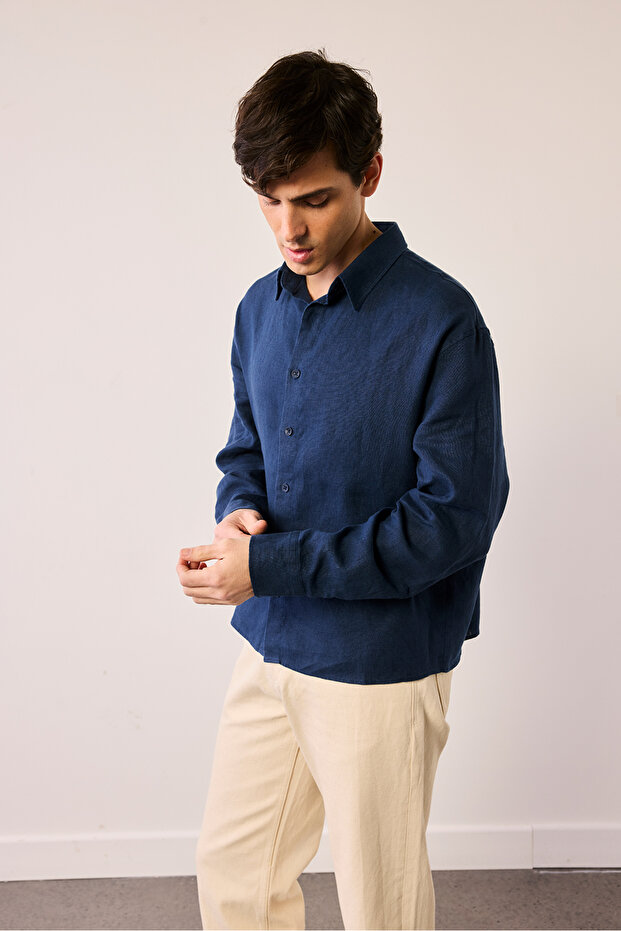 %100 Keten Oversize Gömlek - 1