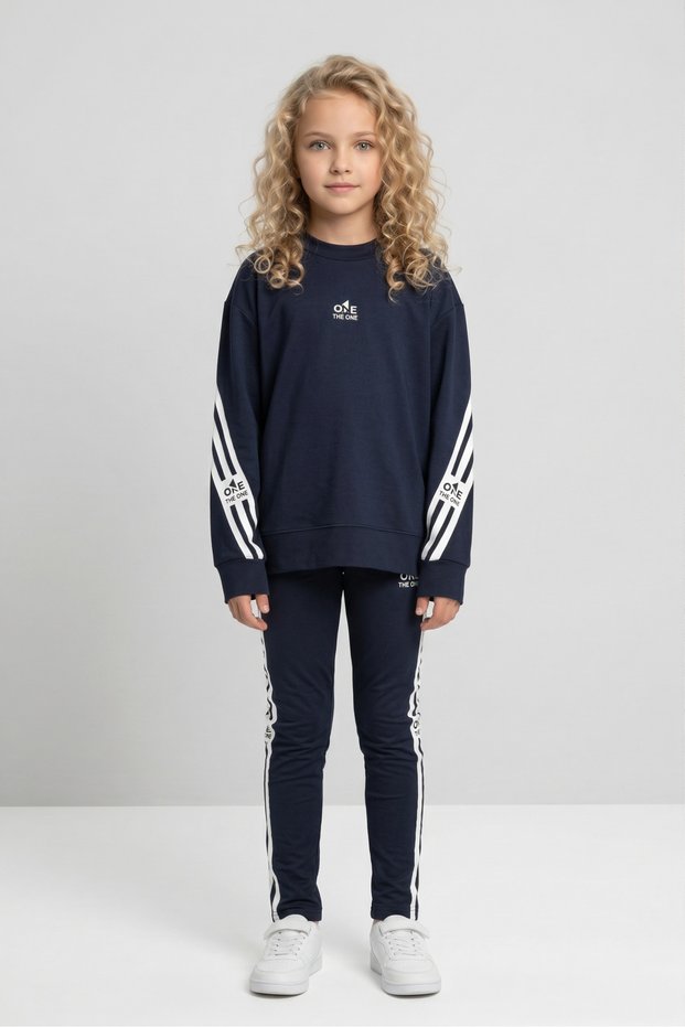 Girls' Striped Detail Piece Casual Sweatshirt and Leggings Sport Set – Relaxed Fit, Soft Fabric
