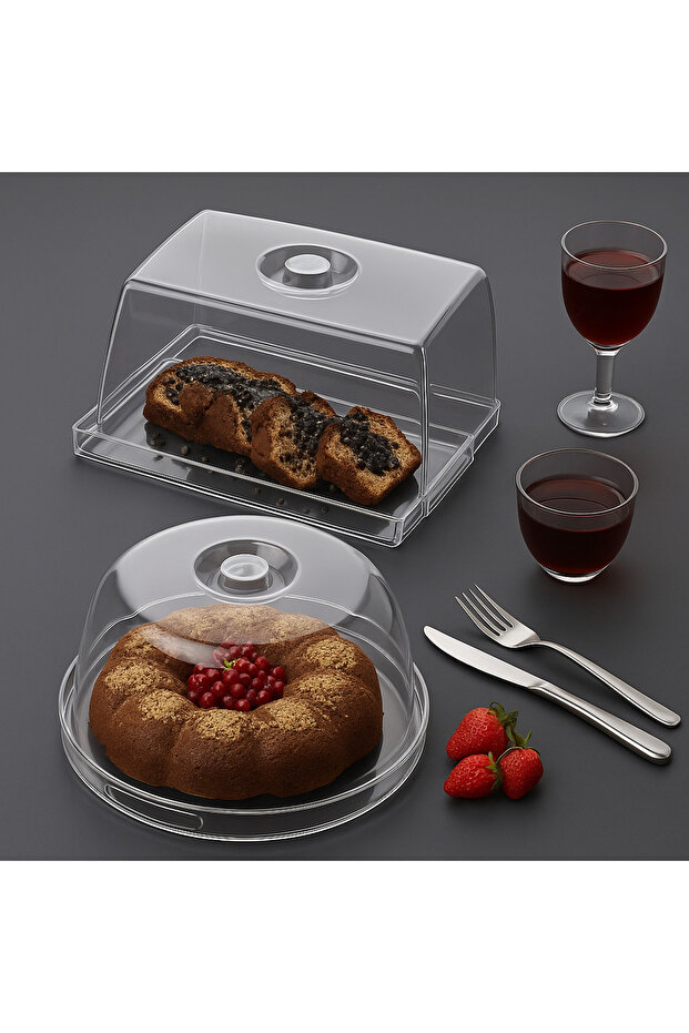 2 Pieces Crystal Jar Set - 1 Piece 27 cm Round, 1 Piece 25X18 cm Square Jar - Cake Jar Presentation Set