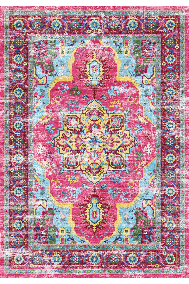 Fuchsia Turquoise Bohemian Vintage Patterned Living Room Carpet – Antique Look Ethnic Carpet 2284