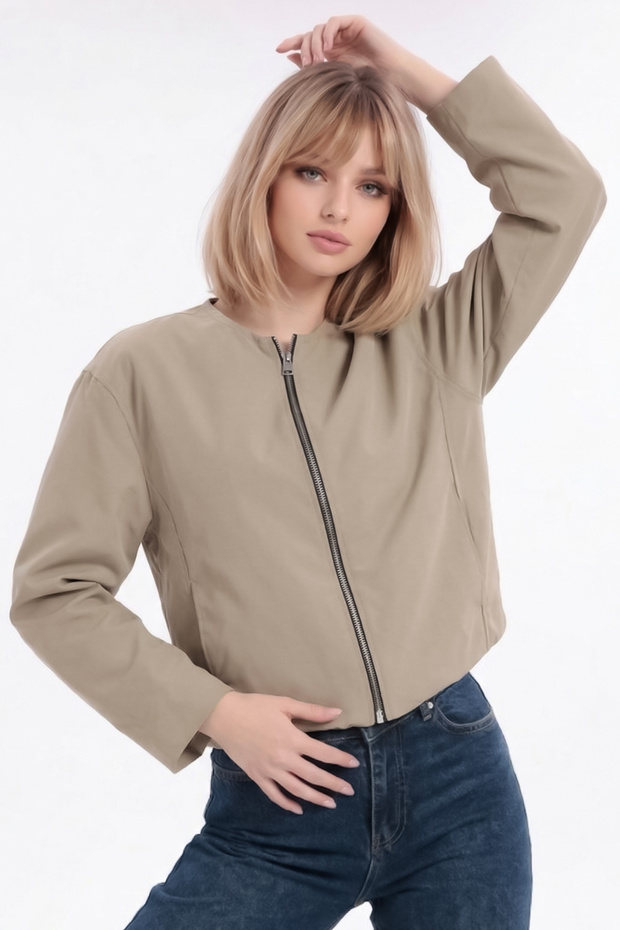 Women's Beige Balloon Sleeve Oversize Zippered Bomber Jacket