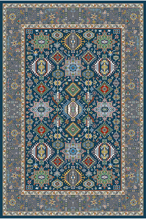 Non-Slip Base Navy Blue Carpet - Luxury Multicolor Geometric Persian Pattern 2293