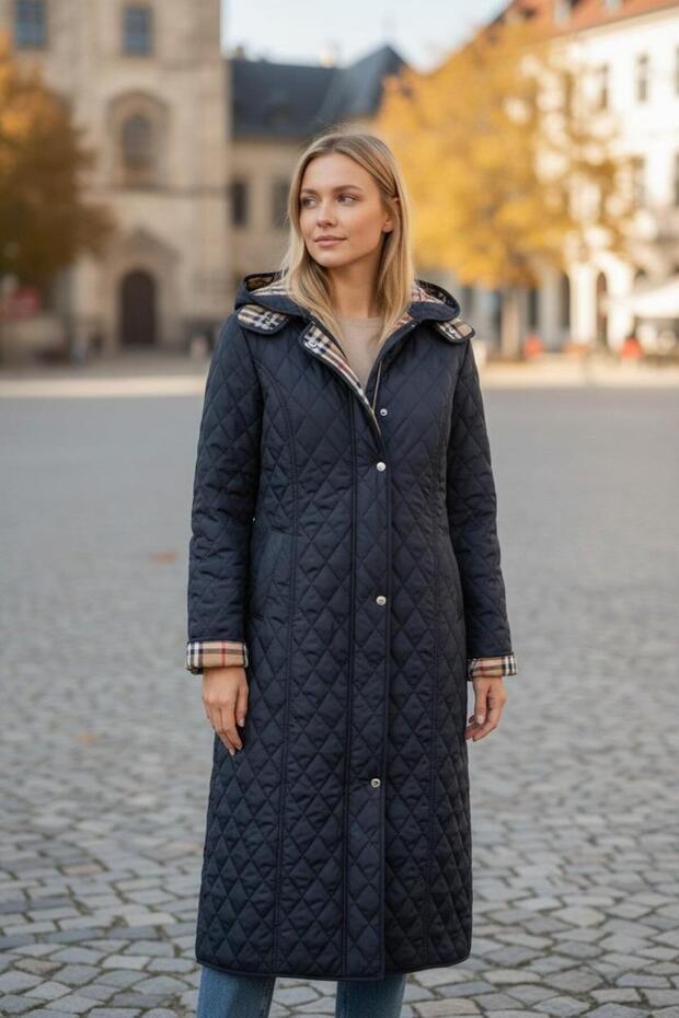 Women's Large Size Plaid 120 Cm Seasonal Navy Blue Quilted Coat 1042