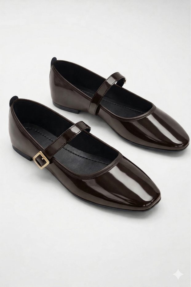 Patent Leather Bitter Brown Women's Ballerina Shoes with Gold Buckle, Stylish, Lightweight, Orthopedic, Soundless Sole
