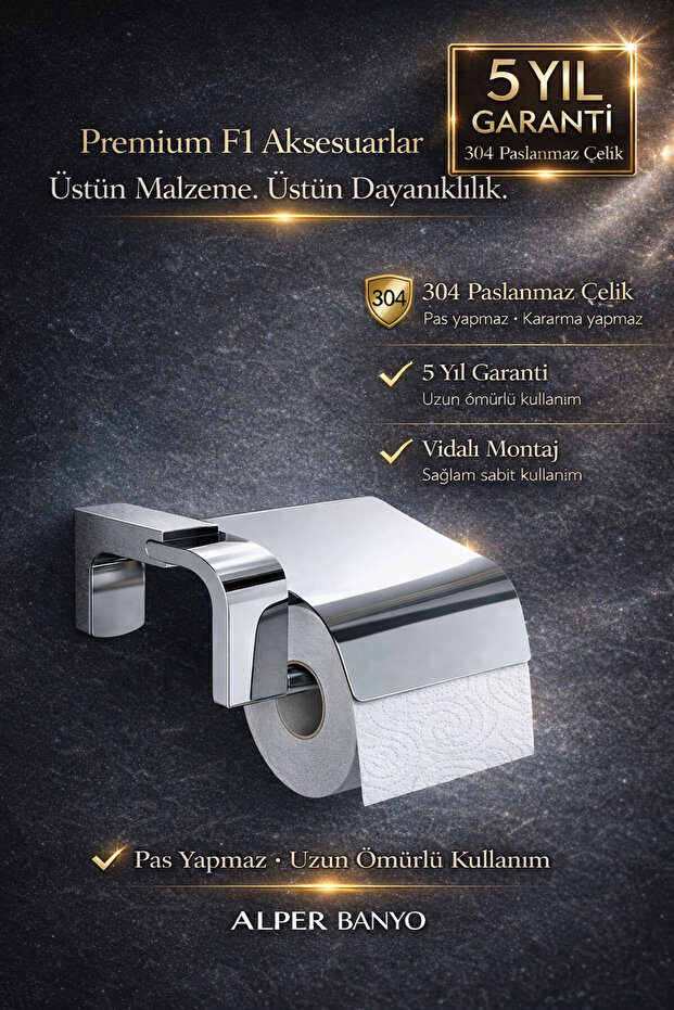 Premium Krom F1 Model Kapaklı Tuvalet Kağıdı Askısı | Paslanmaz | Dübel Vida ile Monte Edilmektedir - 1